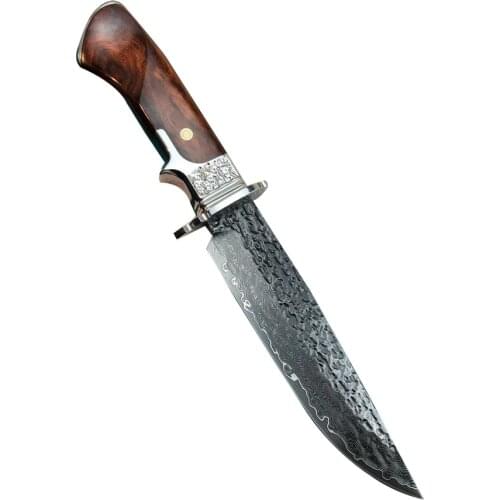 Damascus Steel 60 HRC brass + Desert Ironwood Handle Handmade Fixed Blade Outdoor Tactical Tool Hunting Knives Leather Sheath