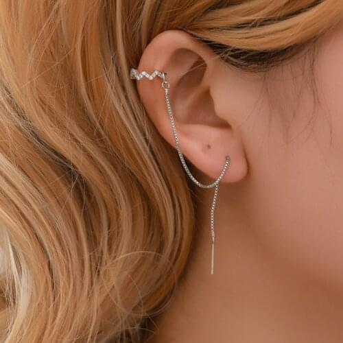 Starose Elegant Box Chain Earrings for Women Silver Color Pin Helix Piercing Lobe Tassel Earrings Cuff Earing Fake Ear Jewelry