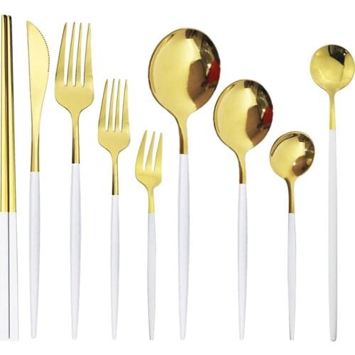 9Pcs White Gold Dinnerware Cutlery Set Stainless Steel Flatware Tableware Knife Cake Fork Ice cream scoop Chopsticks Silverware