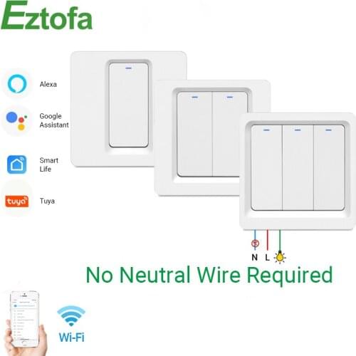Tuya Wifi Smart Push Button Wall Light Switch No Neutral Wire Required , Alexa Google Home Compatible