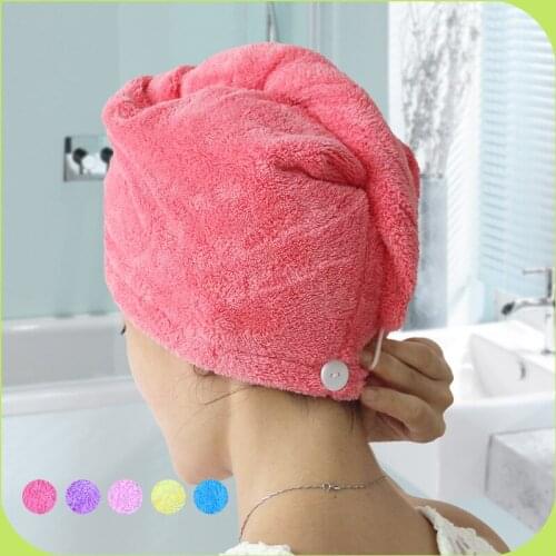 Thicken Coral Velvet Dry Hair Bath Towel Microfiber Quick Drying Turban Super Absorbent Women Hair Cap Wrap with Button