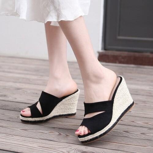 2021 top sell Wedge sandal womens summer shoes natural jute woven platform high heel sexy slippers heighten casual shoes