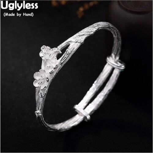Uglyless Real 925 Sterling Silver Bangle Handmade Plum Blossom Floral Bangles Women Elegant Ethnic Fine Jewelry Engraving Bijoux