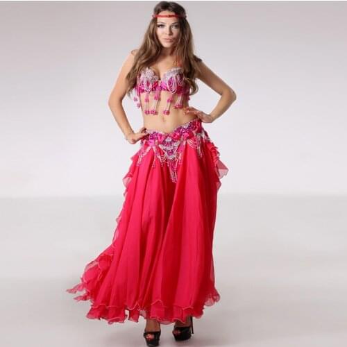 Performance Belly Dance Costume Women Professional Outfit Bellydance Top Bra Belt Skirt 3pcs Suit Beads Costume Lady Belly Dance