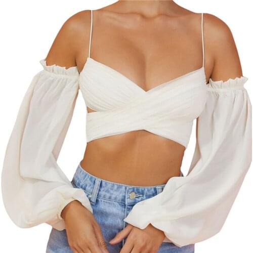 Xingqing Women Lantern Sleeve Crop Tops Sexy Off Shoulder Spaghetti Strap Cross Wrap Sexy T-Shirts Elegant Office Lady Shirt