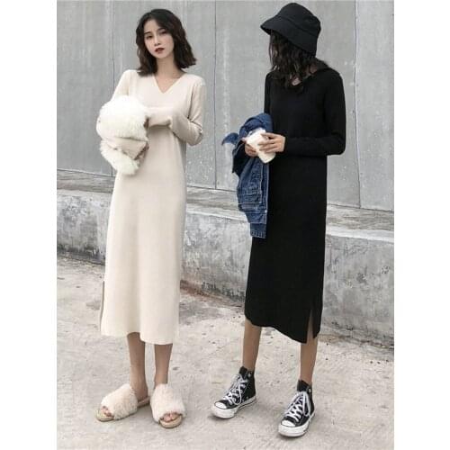 Fall 2020 New Loose Womens Knitted Dress V-neck