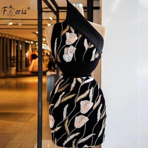 Robe de soiree Embroidery One Shoulder Short Evening Dresses Black Bandage Midi Celebrity Runway Party Dress Vestido De Festa