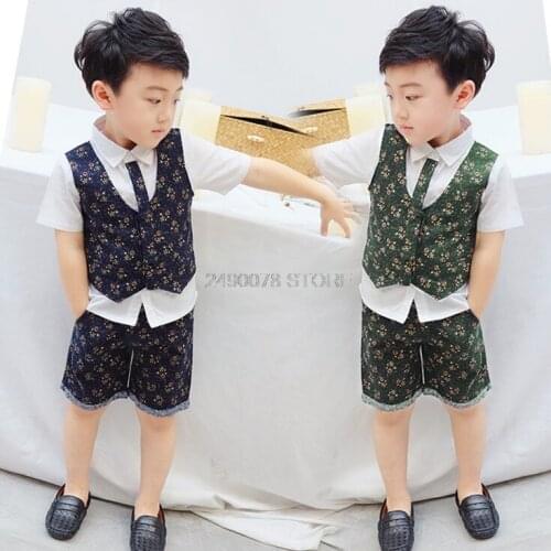 2020 Flowery Boys Summer Suit FakeVest Shirt +Shorts 2pcs Kids Wedding Clothing Set Children Piano Dance Performance Costume