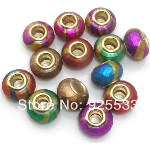 Free Shipping 100pcs 14mm Fashion Gold Color Core Big Hole Color Plated Acrylic Beads for Eurpean Bracelet jewelry DIY