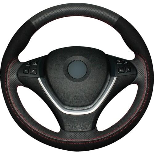 Black Natural Leather Black Suede Car Steering Wheel Cover for BMW E70 X5 2008-2013 E71 X6 2008-2014