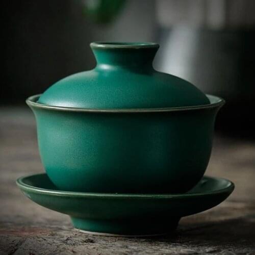 Retro Coarse Pottery Gaiwan Japanese Style Dark Green Glaze Ceramic Tea Tureen Retro Tea Bowl