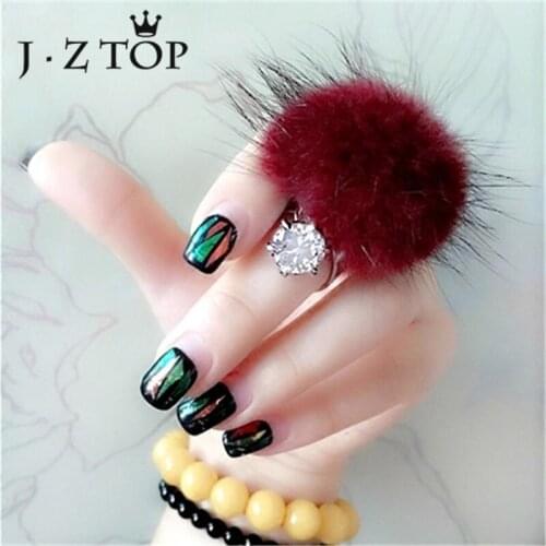JZTOP Fashion Crystal Tassel Rings Woman Multiple Colour Mink Hair Ball Pendant Open Ring Exquisite Party Anillos Mujer Jewelry