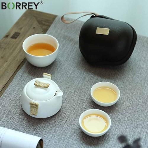 BORREY Chinese Kung Fu Tea Set Cup Ceramic Teapot Travel Gaiwan Tea Cups of Tea Ceremony Teapot And Cup Set With Travel Bag