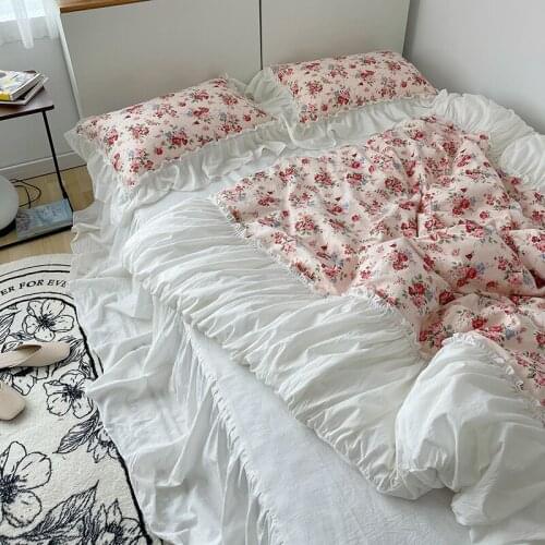 Korean Vintage Rose Bedding Washed Cotton White Lace Quilt Cover Girl Heart Princess Style Naked sleep Bed Skirt King Queen Full