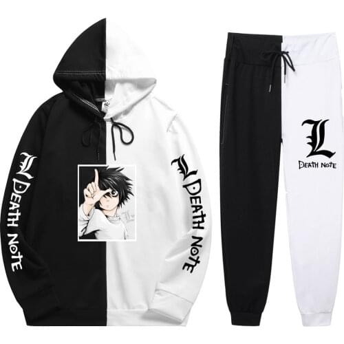 Summer Man 2 Pieces Sets Japan Anime Death Note Harajuku Print Fashion Patchwork Hoodie+Patchwork Pants Thin New Sweatshirts