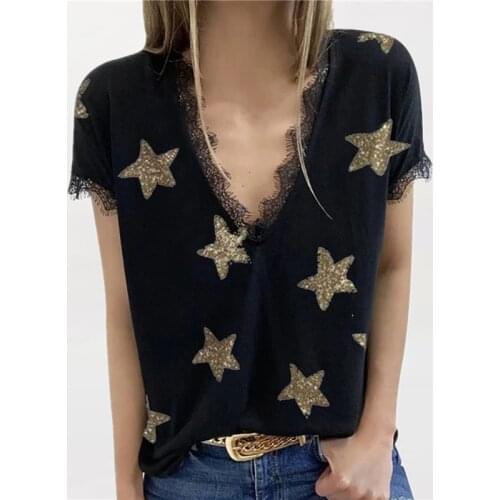 Lace Five Pointed Star 3D Print Womens T Shirt Summer New Short Sleeve Large Size S-5XL Fashion Street Fashion Ladies Tees
