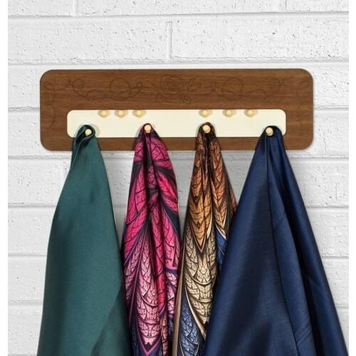 Back Bahçemdeki Atölyem Magnet Scarf Shawl Belt Tie Jewelry Hanger Wood Rose Pattern-Brown-Cream