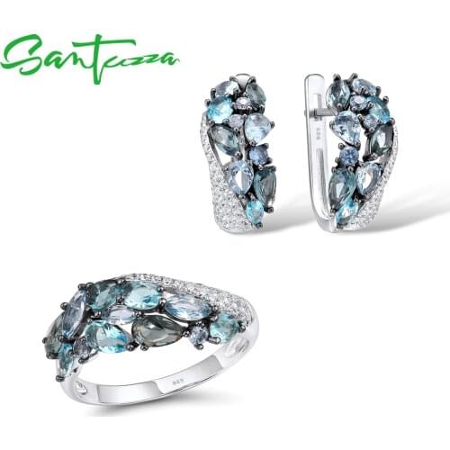 SANTUZZA Genuine 925 Silver Jewelry Set For Women Sparkling Blue Stone Earrings Ring Set Delicate Luxury Party Fine Jewelry