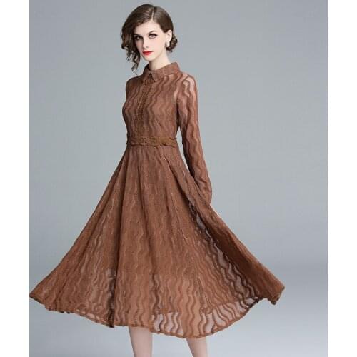 New Autumn Maxi Lace Dress Slim Fashion Sexy Hollow Out Work Casual Dresses Women A-line Vintage Vestidos