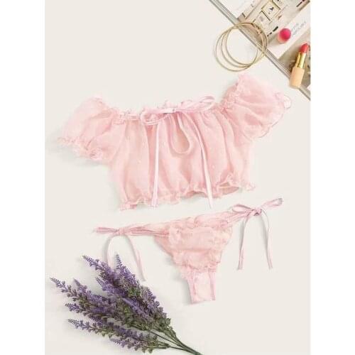 New Style Bra Suit Lace Sexy Split Bikini Sexy Strapless Bow Ruffles Bandage Style Panties Lingerie Set