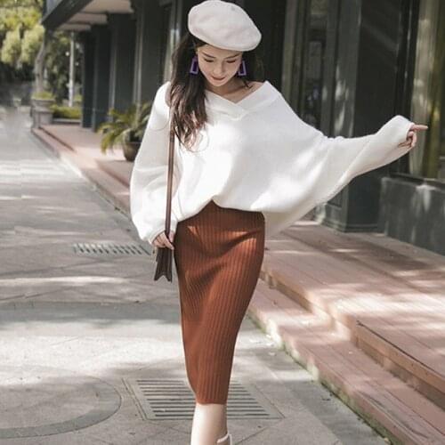 2021 Autumn Women Knitted 2 Pieces Set Pullovers Sweater Loose Tops & Knitted Skirts Bodycon Office Lady Skirts 2PCS Suits Q794