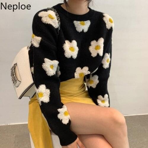 Neploe Autumn 2021 Pullovers Women Cute Flocking Floral Knitted Sweater Oversized Tops Ropa De Mujer Korean Vintage Jumper 97606