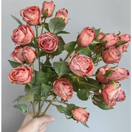 Autumn Fall Luxury Dried-looking mini roses branch with leaf artificial silk flowers indie room decor flores artificiales