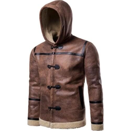 Autumn hooded faux leather jacket mens winter thicken warm fur leather coat men slim jackets brown jaqueta de couro fashion B103