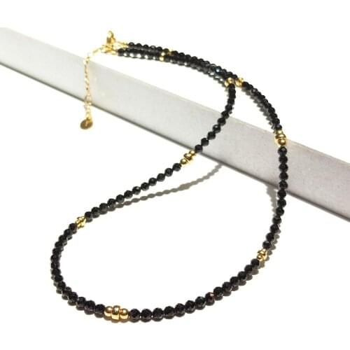 Lii Ji Mini 3mm Black Spinel Natural Stone Sparkling Beaded Necklace American 14K Gold Filled Handmade Jewelry 40cm+5cm
