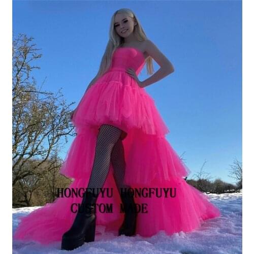 Hongfuyu Rosy Hi-Lo Prom Dresses Strapless Tiered Tulle Mini Celebrity Dresses Sleeveless Sashes Short Evening Dresse