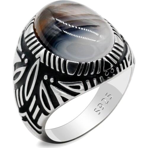 Real Vintage 925 Sterling Sliver Rings for Men with Natural Agate Stone Ring for Man Women High Quality Turkish JewelryPartyGift