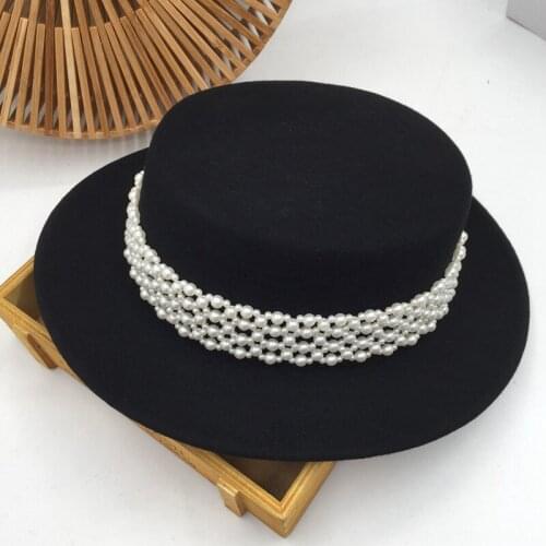 Fedora panama Black luxury nets of pearls flat-topped hat fashion female elegant hat Sir Ins tide party hats