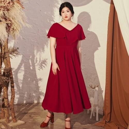 Evening Dress Red Deep V-Neck Ruffles Short Sleeves Elegant Tea-Length A-Line Lace Up Simple Plus Size Women Formal Gowns D456