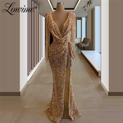 Sequins Deep V Neck Evening Dress 2020 New Arrival Islamic Turkish Mermaid Prom Dresses Mermaid Arabic Long Sleeves Party Gowns