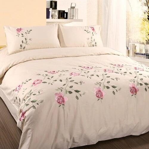 Vintage Flowers Embroidered White Pink Grey Duvet Cover Bed sheet Pillowcases Twin Full Queen King size Cotton Soft Bedding set