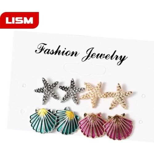4 Pairs / Set Starfish Shell Multicolored Stud Earrings for Women Wedding Bohemian Summer Beach Boucle D'oreille Jewelry Brincos