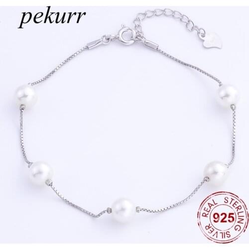Pekurr 925 Sterling Silver 6.2mm Round White Pearl Bracelet & Bangle For Women Fine Beads Jewelry Box Chain Gift