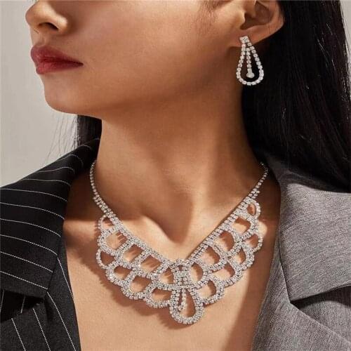 Womens luxury wedding ball bride Crystal Rhinestone Necklace Earring Jewelry Set popular trendy Rhinestone Jewelry 2021