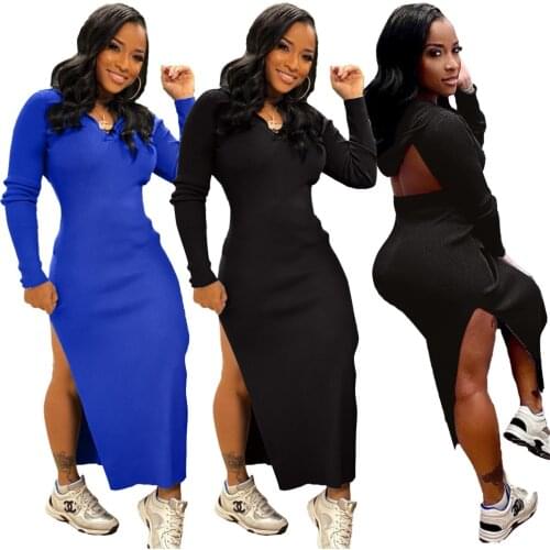 2021 Autumn New Women Hooded Long Dress Side Split Open Back Pit Strip Dress Blue Black