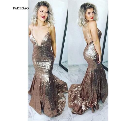 Long In Stock Evening Dresses Mermaid Open Back Party Dress Floor Length Deep V-Neck Sequined Mind Of Honor Evening Gown