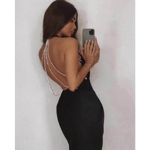 Women Summer Ladies Sexy Backless Chain Diamonds Crystal Midi Black Bodycon Bandage Dress 2021 Elegant Evening Party Club Dress