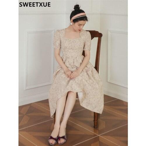 SWEETXUE 2021 Summer Vintage Elegant Square Collar Floral Lace Beaded Dress Womens Sweet Chic Party Fairy Beach Female Vestidos