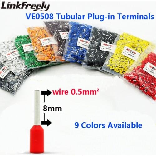 1000pcs VE0508 E0508 Cold Press Tubular Insulated Electrical Wire Terminal Connector Faston Heat Shrink Pin Splice Terminals