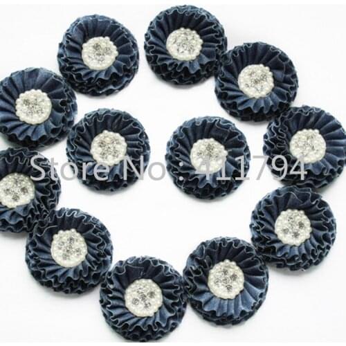 15 pcs/lot ,8cm denim rhinestone flowers , shabby flowers with pearl and rhinestone for hair girls