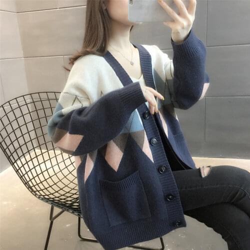 2021 ladies fashion new cardigan knitted jacket women autumn and winter all-match long-sleeved v-neck color-block sweater