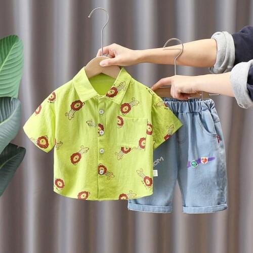 Cute Toddler Boy Summer Set 2021 New Cartoon Lion Print Short Sleeve Shirt + Denim Shorts 2Pcs/Sets for Kid Baby Boys Clothes