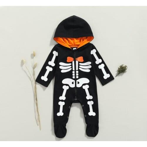 FOCUSNORM Newborn Baby Boys Girls Halloween Footed Romper Infant Hooded Long Sleeve Skeleton Print Zipper Jumpsuit 0-12M