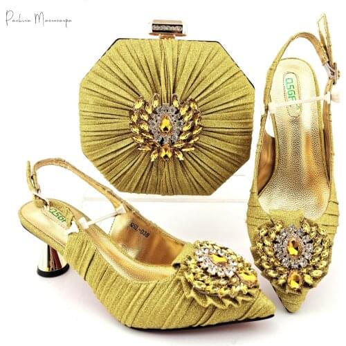 Fashion Italian Design Newest Elegant Gold Yellow Color Party Wedding Ladies Shoes and Bag Set Decorated With Colorful Crystal