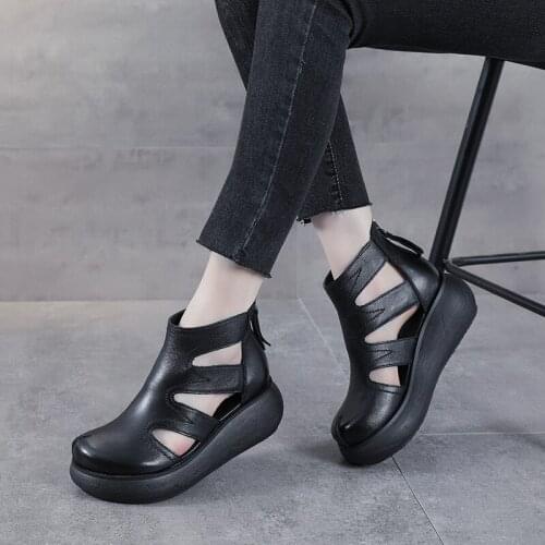 Roman Shoes Womens Summer Top Layer Cowhide Womens Shoes 2021 New High-top Leather Wedge Sandals Thick-soled Baotou Sandals