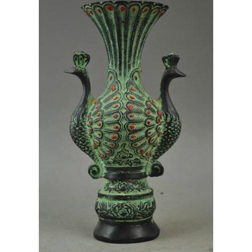 Old Collectibles Decorated Bronze Carve Pair Auspicious Peacock Rare Noble Vase
